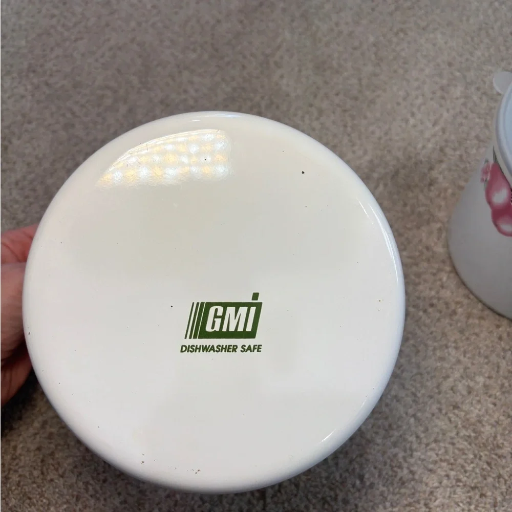 Vintage GMI Enamel Fruit and Floral White Storage Canisters with Lids Storage